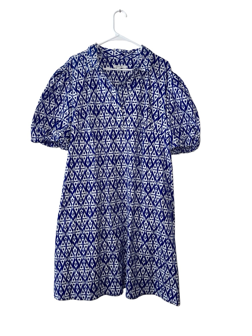 Chico's Navy and White Geometric Puff-Sleeve Button-Down Tunic